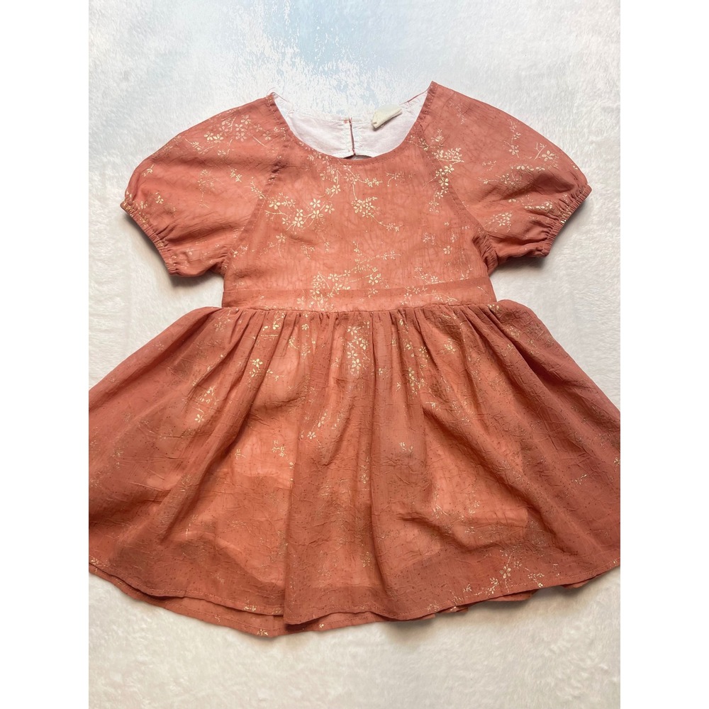 M.L. Kids Girls Rust Terracotta Gold Floral Foil Puff Sleeve Cutout Dress 4T